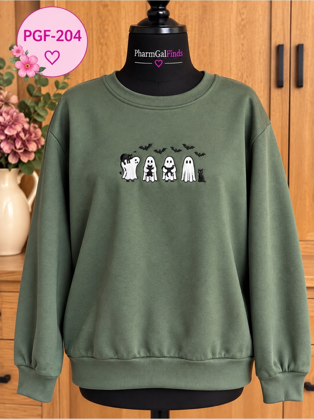 Ghost & Black Cat Embroidered Halloween Sweatshirt Olive Green Women’s - XL